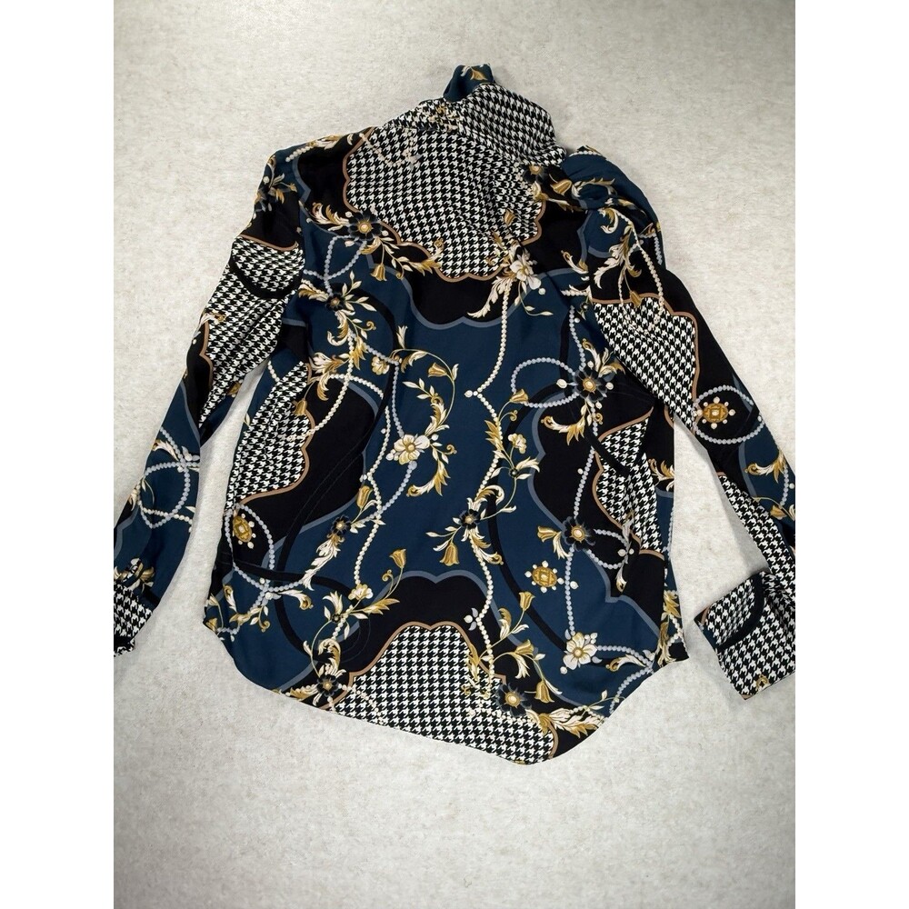 Ann Taylor Bow Tie Blouse Teal Pearl Print Equestrian Long Sleeve Size Small - Picture 12 of 13
